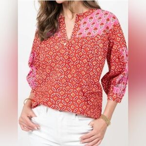 Ivy Jane Vibrant Red & Pink Floral Peasant/ Boho Women's Blouse Sz. M #1966